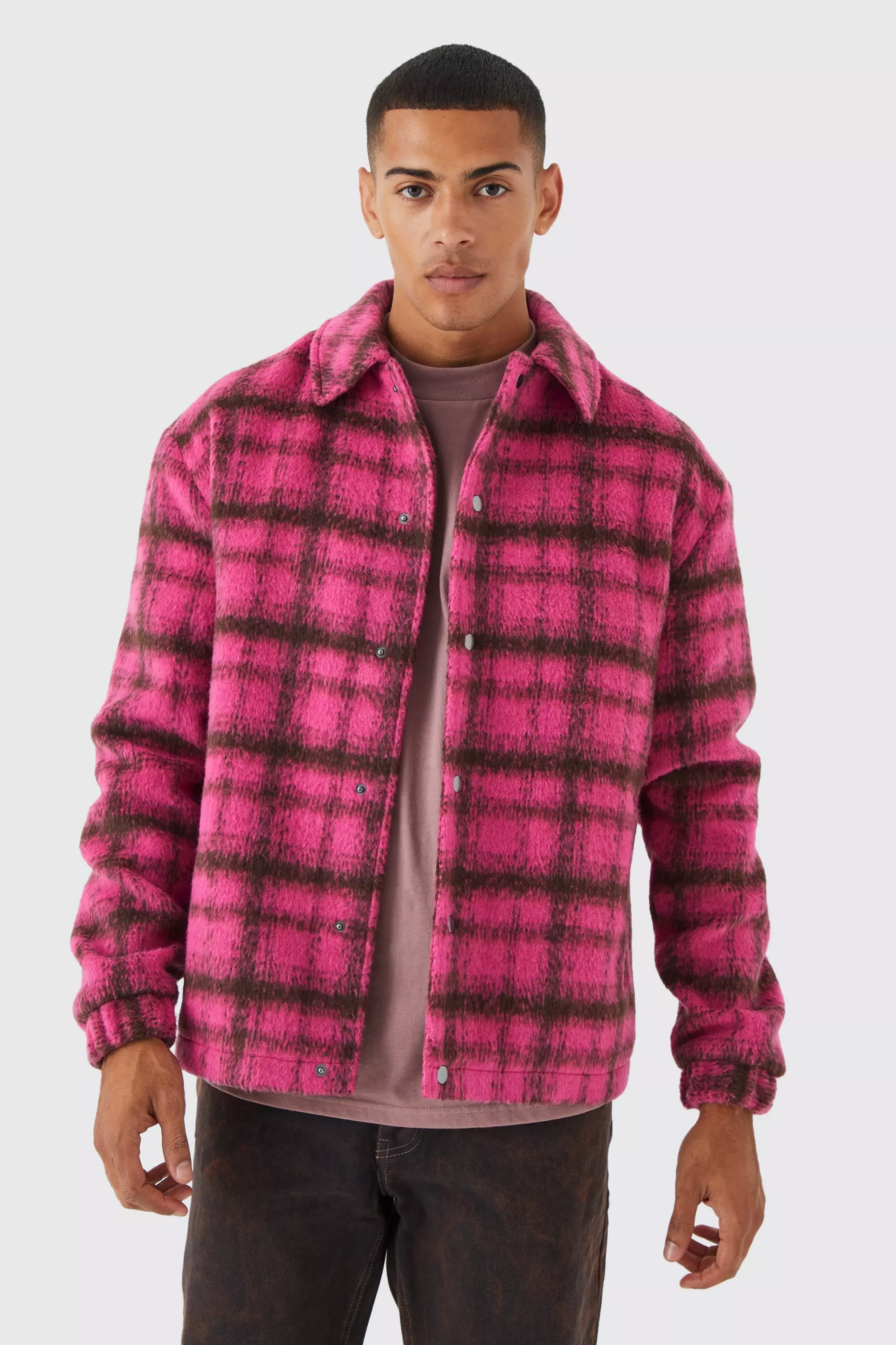 Oversized Wool Look Check Harrington | boohooMAN USA